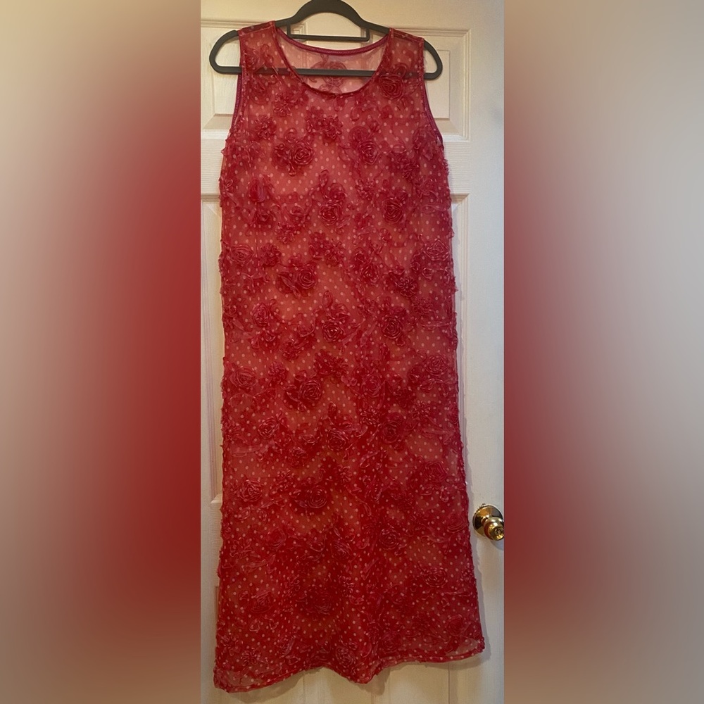 Vintage 80’s Sleeveless Red Floral Lace Sheer Dress with Solid Cotton Underdress
